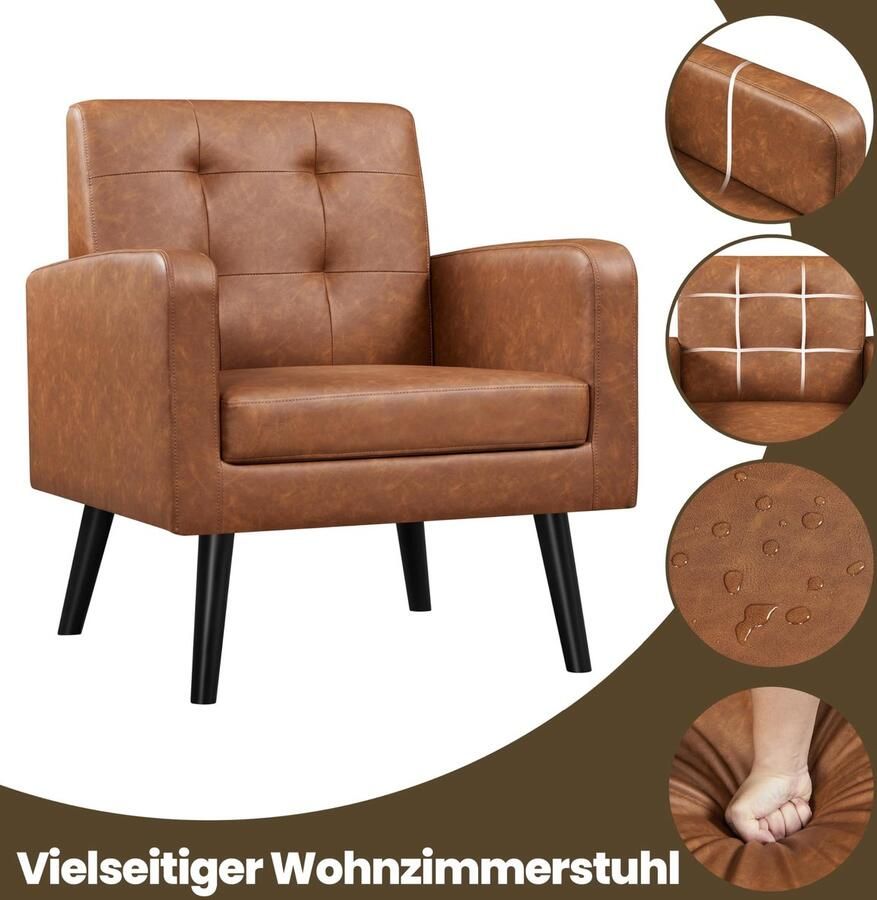 Relaxstoel Met Houten Poten Wing Fauteuil Gestoffeerde Enkele Sofa Televisiestoel Tot 136 Kg Belastbaar Voor De Woonkamer Van Kunstleer Bruin
