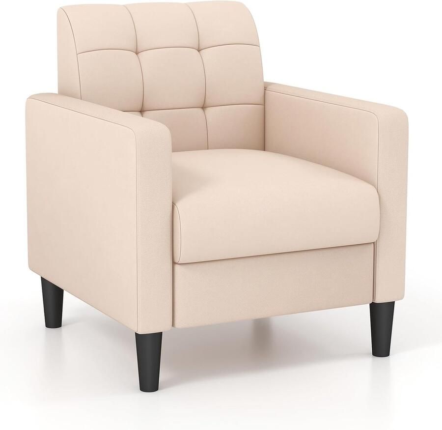 Relaxstoel modern fluwelen televisiestoel in mid-century-stijl gestoffeerde fauteuil met getufte rugleuning armleuningen en houten poten voor woonkamer slaapkamer thuiskantoor (beige)