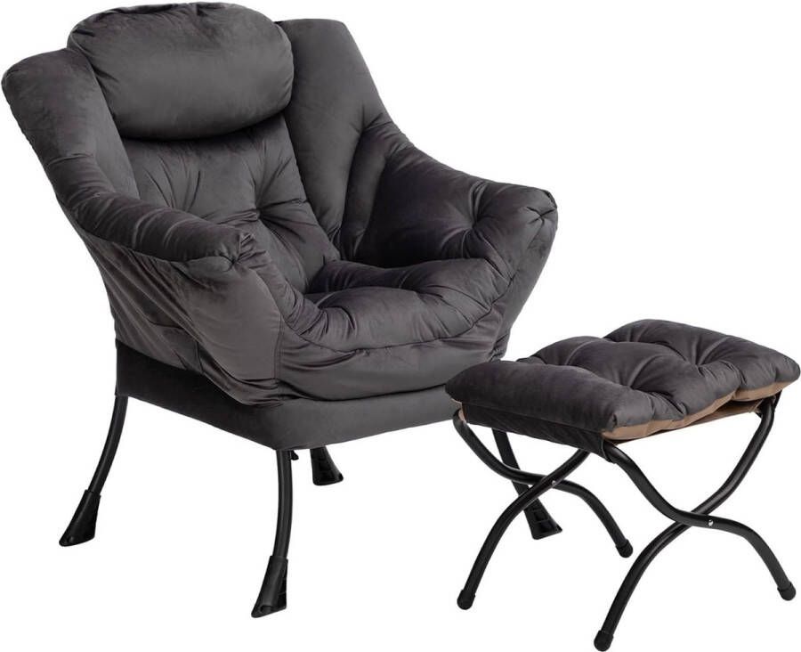 Relaxstoel stoel met voetenbank stalen frame fluwelen stof relaxstoel vrijetijdsbank chaise longue luie stoel relaxstoel donkergrijs