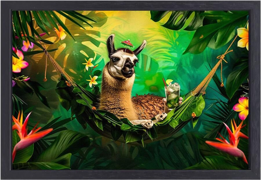 Relaxte lama in tropische hangmat Lama portret Schilderijen canvas hangmat Surrealisme Canvas schilderij met baklijst Moderne schilderijen Canvas met baklijst 150x100 cm