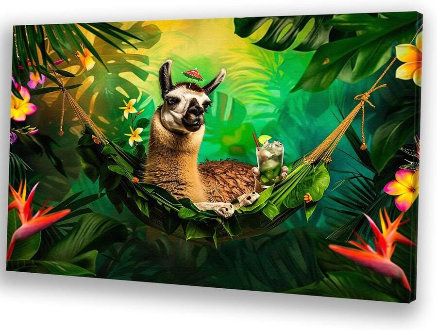 Relaxte lama in tropische hangmat Lama schilderij Canvas schilderijen hangmat Surrealisme Wanddecoratie modern Slaapkamer decoratie Canvas 90x60 cm