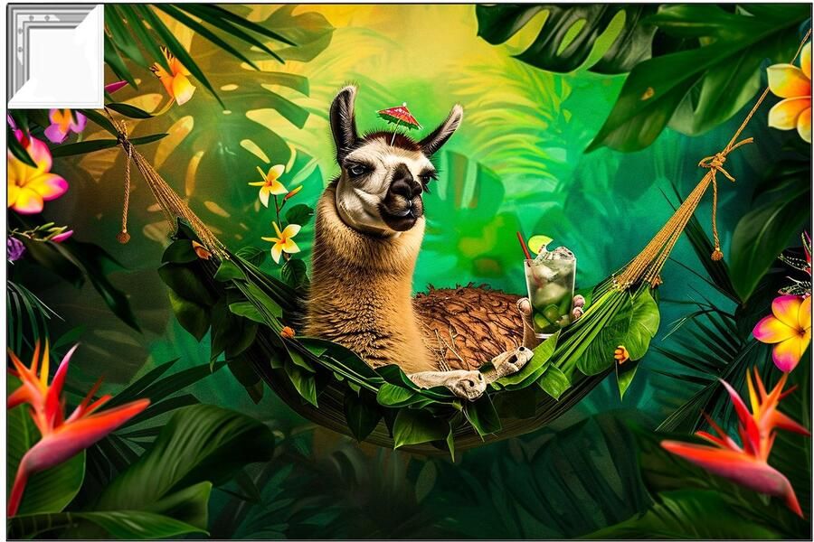 Relaxte lama in tropische hangmat Lama schilderij Doek met ArtFrame hangmat Surrealisme Decoratieve frames Kantoor schilderij Artframe 90x60 cm