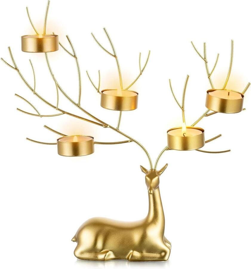 Rendier Dierlijke Theelichthouders Metaal Stag 5 Kaarsen Theelichthouders voor Kerst Tafelstuk Goud Decoratief Hert Geschenk voor Woonkamer Schoorsteenmantel Tafel Ornament