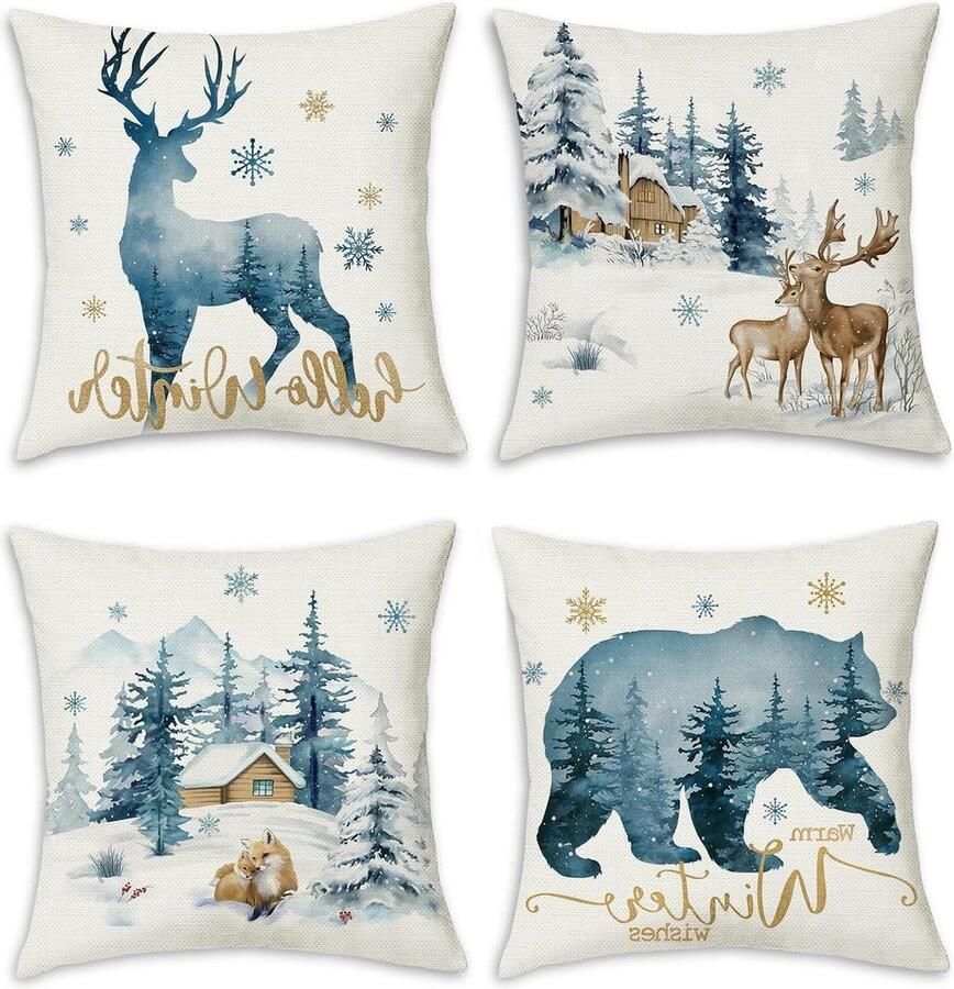 Rendier kussenslopen Blauw beer hert sneeuw dennenboom 45 x 45 cm Decoratieve sierkussenslopen Polyester linnen Slaapbank winter vakantie decor Set van 4