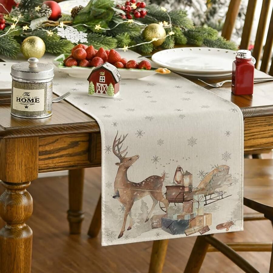 Rendier sneeuwvlokken tafelloper kerst decoratie 1 stuk beige 40x140cm