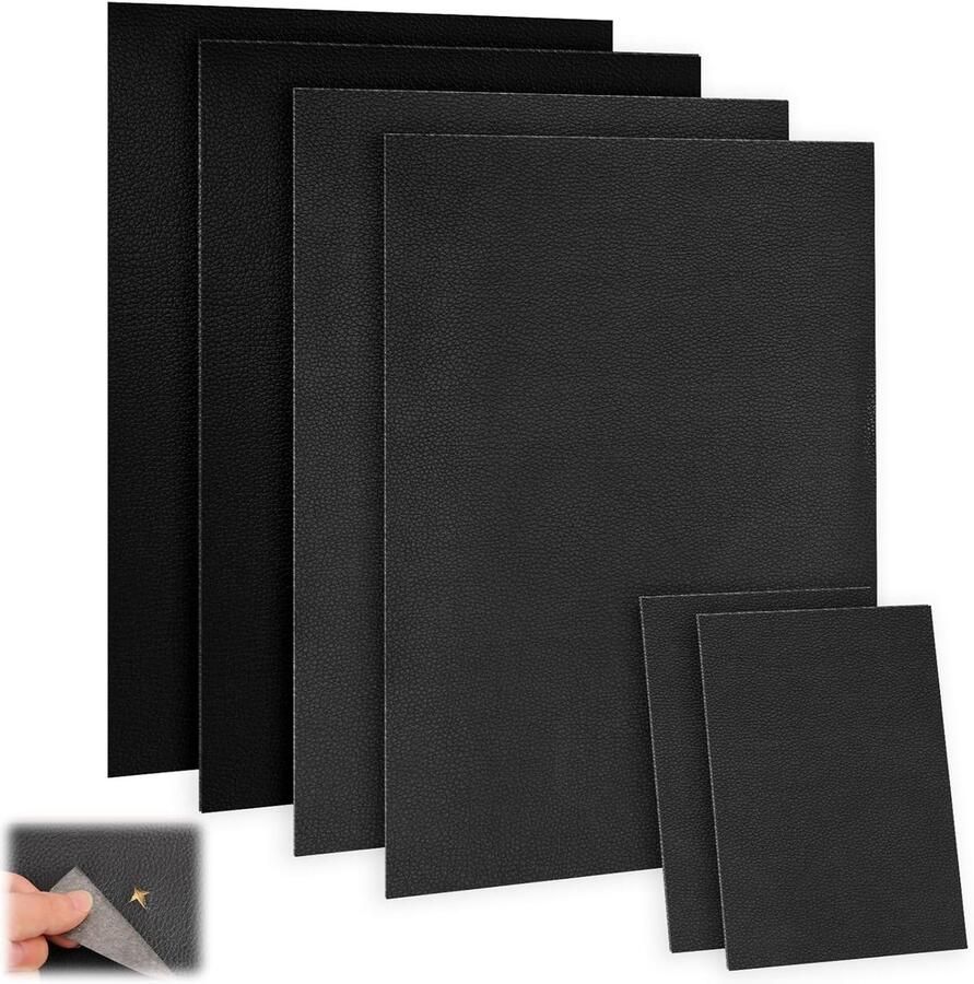 Repair Set van 6 Faux Leather Zwart Pack van 4 20 x 30 cm + 2 Stukken 10 x 20 cm Zelfklevende Premium Leren Patches voor Sofas Autozetels Meubels Reparatie van Leren oppervlakken