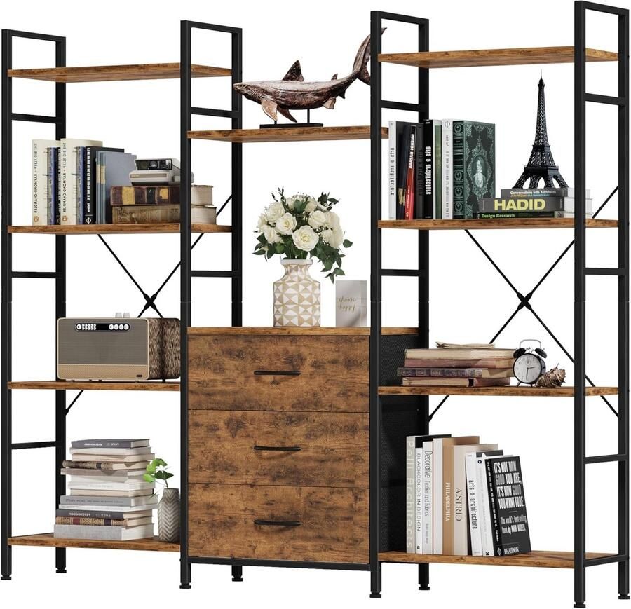 PolkaHome 150 B x 142 H cm boekenkast met 4 stoffen lades staande lade boekenkast keukenkast voor woonkamer kantoor balkon houten plank kubusrek keukenkast opbergrekken boekenkast industrieel huis