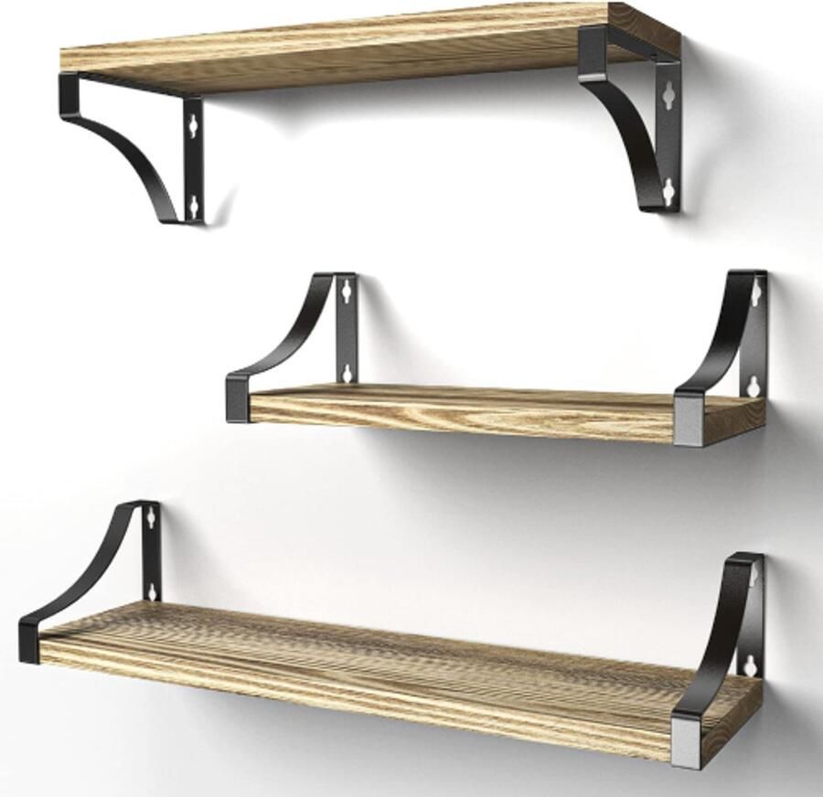 Retadou 3 stuks wandplanken van hout en metaal wandplanken voor opslag rustieke metaaldraad voor woonkamer slaapkamer kantoor badkamer of keuken (bruin)