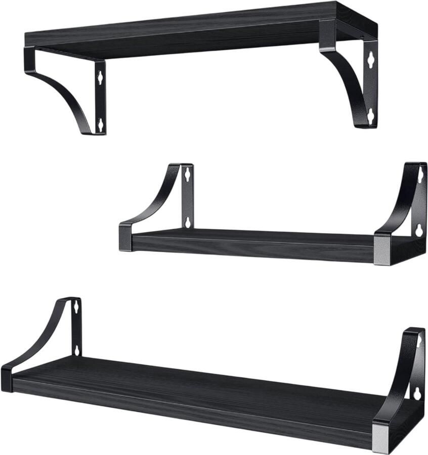 Retadou 3 stuks wandplanken van hout en metaal wandplanken voor opslag rustieke metaaldraad voor woonkamer slaapkamer kantoor badkamer of keuken (zwart) - Foto 2