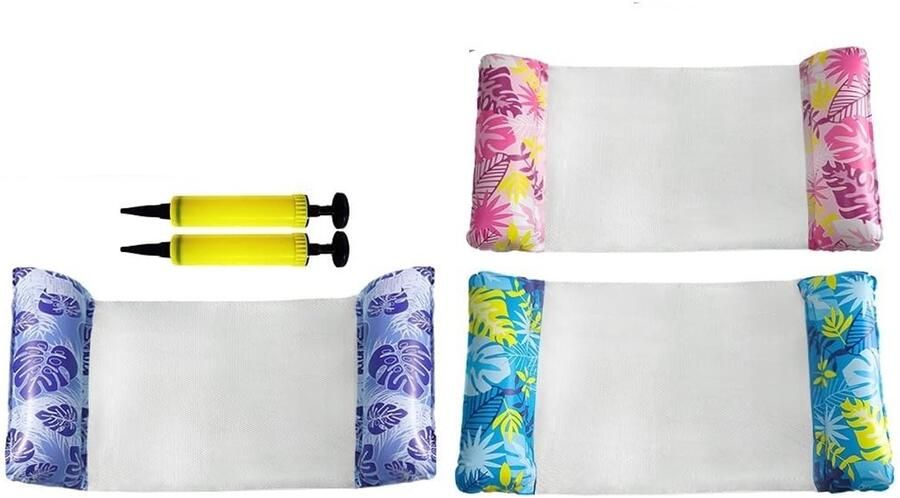 PolkaHome 3 stuks waterhangmat met 2 luchtpompen 130 x 70 cm opblaasbaar luchtmatras met net 4-in-1 zwembad luchtmatrassen matras voor volwassenen zwemstoel waterligstoel zwembadaccessoires speelgoed - Foto 2