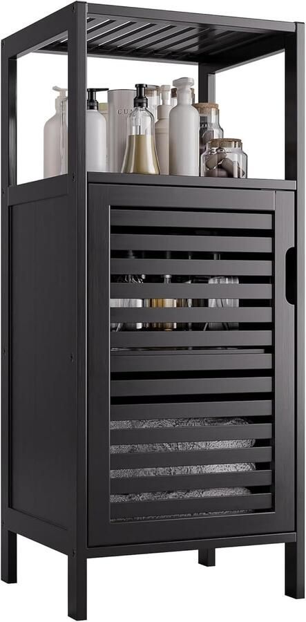 PolkaHome Bamboe vloerkast kleine badkamerkast vrijstaande 4 verdiepingen smalle zijkast ruimtebesparende keukenkast met enkele deur zwart