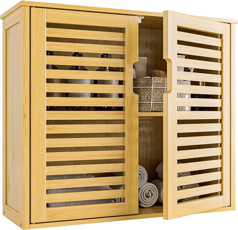 Retadou Bamboe wandkast badkamer hangkast medicijnkastje hangend met 2 deuren en verstelbare planken boven het toilet badkamerkast wandmontage natuur