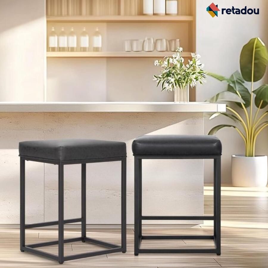 Retadou Barkruk 2-delige set hoogte barkruk met voetensteun ontbijtbarstoel van PU-leer backless keuken eetkamer café stoel voor binnen en buiten (zwart)