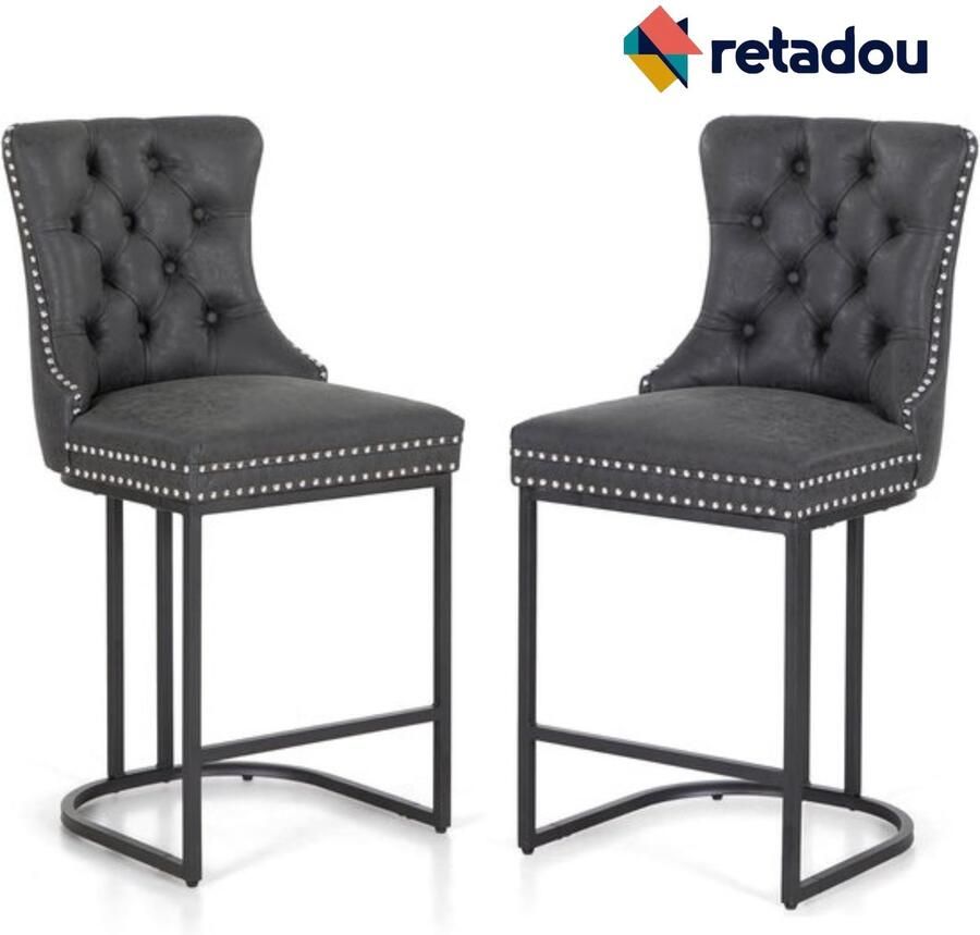 Retadou Barkruk set van 2 barkrukken modern kunstleer barchairs met knoop en klinknagels gestoffeerd keukenkruk rugleuning voetensteun van metaal ontbijtkruk - Foto 2