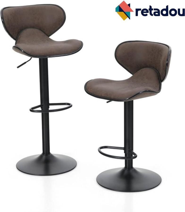 Retadou Barkrukken set van 2 barkrukken met rugleuning en voetensteun verstelbare draaibare gasveer PU-leer keukenbarkruk barstoel set van 2 voor toonbank keuken en huis bruin - Foto 2