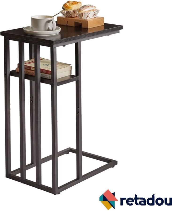 Bijzettafel C-vorm laptoptafel kleine salontafel met wieltjes woonkamertafel met metalen frame industrieel design zwart - Foto 2