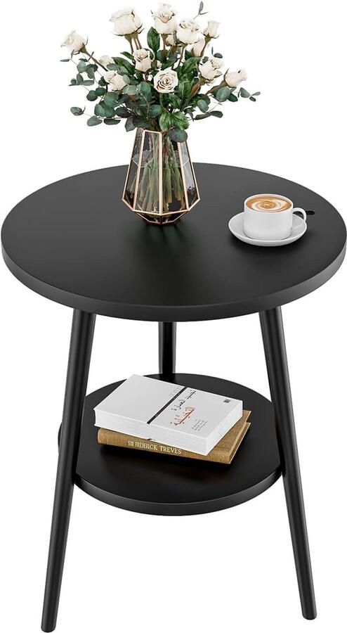 PolkaHome Bijzettafel met 2 planken ronde salontafel met opbergruimte 2 niveaus salontafel met ronde legplanken houten nachtkastje met stalen frame 38 x 55 cm (zonder laadstation zwart)