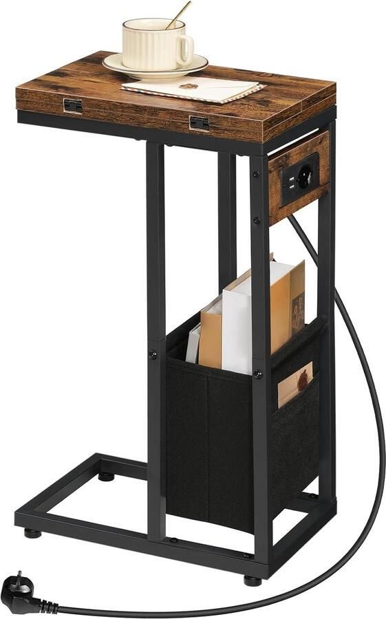 Inklapbare C-Tafel met Oplader – Bijzettafel met USB & Stopcontact Nachtkastje met Opbergvak Industrieel Vintage Design