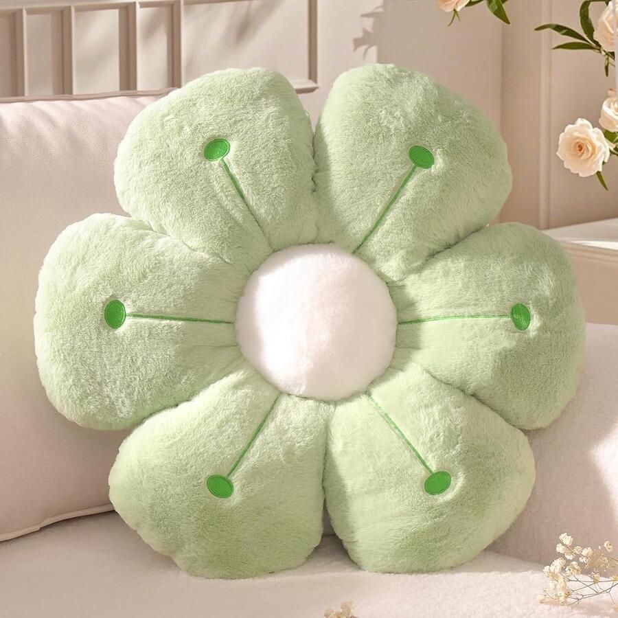 PolkaHome Bloemkussen groene bloemenvorm decoratief kussen madeliefje schattige bloemenzitkussen esthetisch sierkussen voor thuis bank bed 40 cm