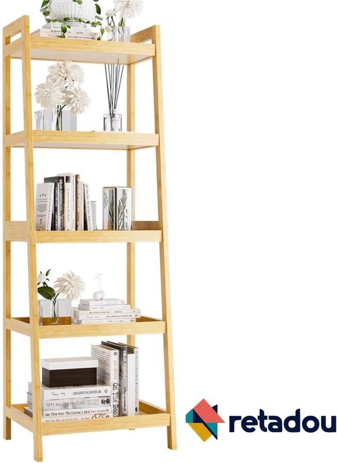 Retadou Boekenkast 5 verdiepingen tellende ladder boekenkast met bamboeframe vrijstaand hoog smal display plantenrek voor woonkamer keuken slaapkamer balkon natuur