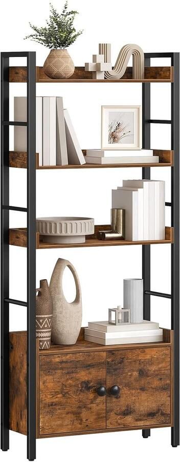 PolkaHome Boekenkast met deuren en plank staand rek opbergrek met 4 niveaus industrieel design voor woonkamer kantoor keuken werkkamer en hal