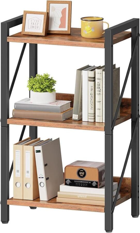 PolkaHome Boekenkast staande plank ladderrek vrijstaand smal rek kantoorplank 3 niveaus open planken voor woonkamer slaapkamer kantoor keuken rustiek bruin en zwart