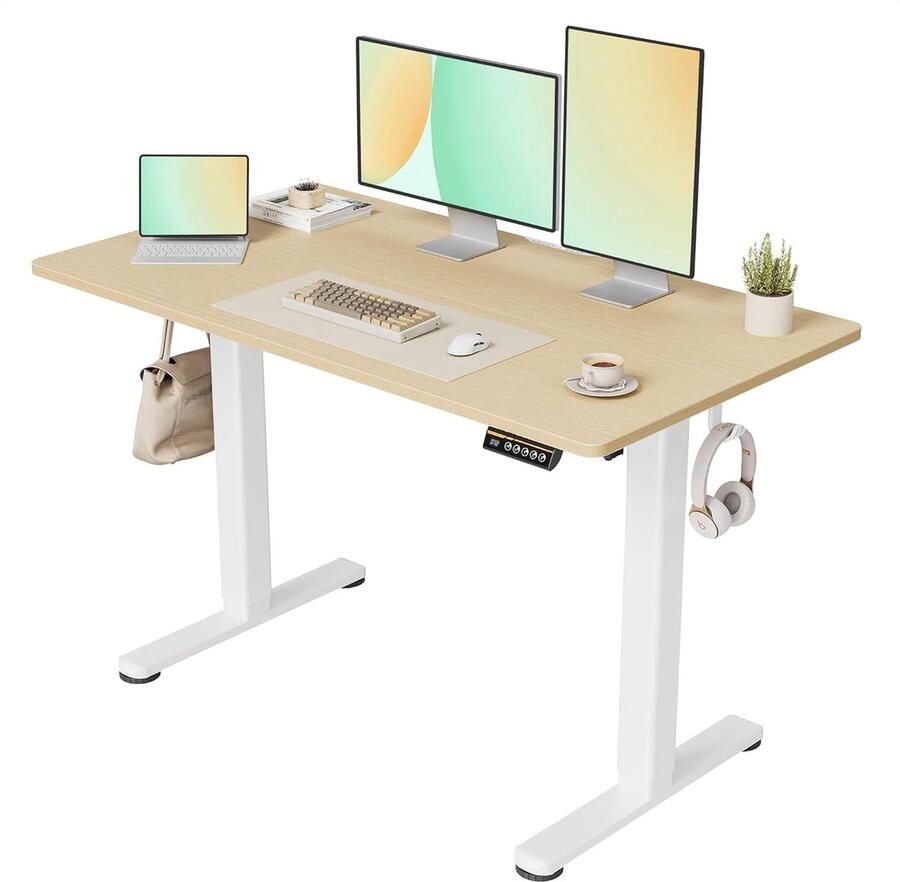 PolkaHome Bureau in hoogte verstelbaar elektrisch in hoogte verstelbaar bureau 120 x 60 cm staand in hoogte verstelbaar wit frame beige oppervlak