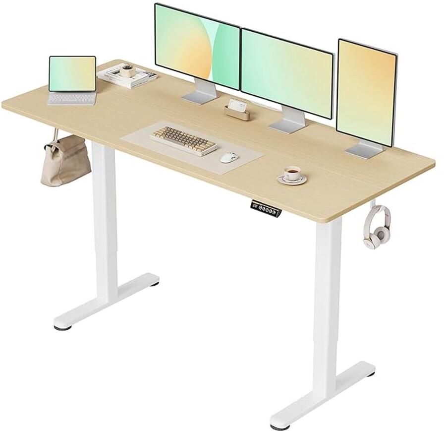 PolkaHome Bureau in hoogte verstelbaar elektrisch in hoogte verstelbaar bureau 160 x 60 cm staand in hoogte verstelbaar wit frame beige oppervlak