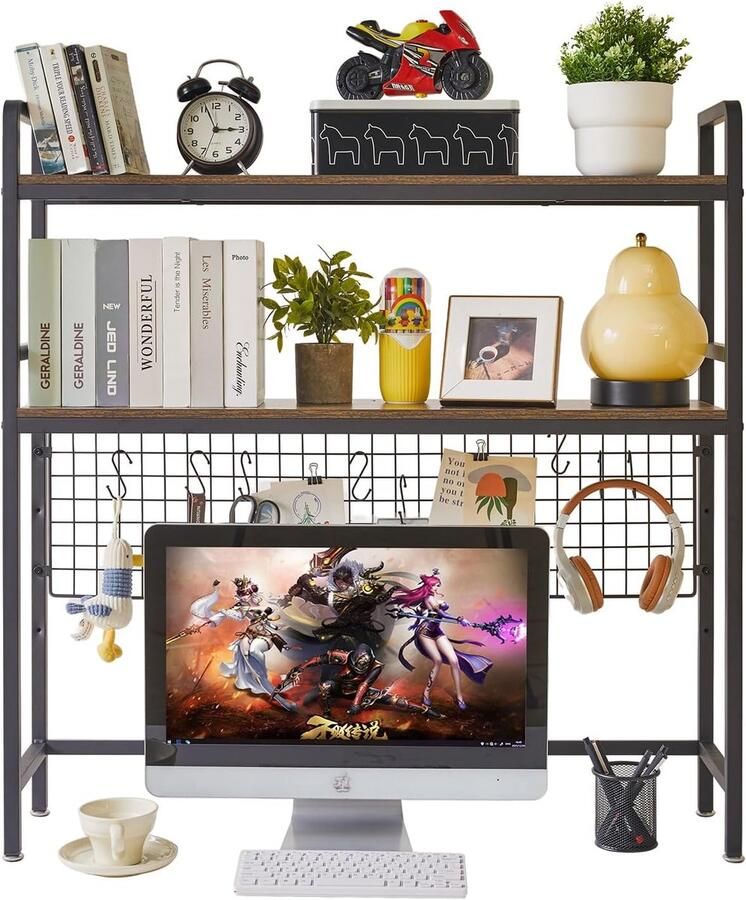 PolkaHome Computerbureaublad Boekenkast 2-laags 37 5 inch Multifunctioneel houten bureau Kast Boekenplank voor computer met verstelbare plank Displayrek Bureau-organizer voor kantoor thuis slaapzaal bruin