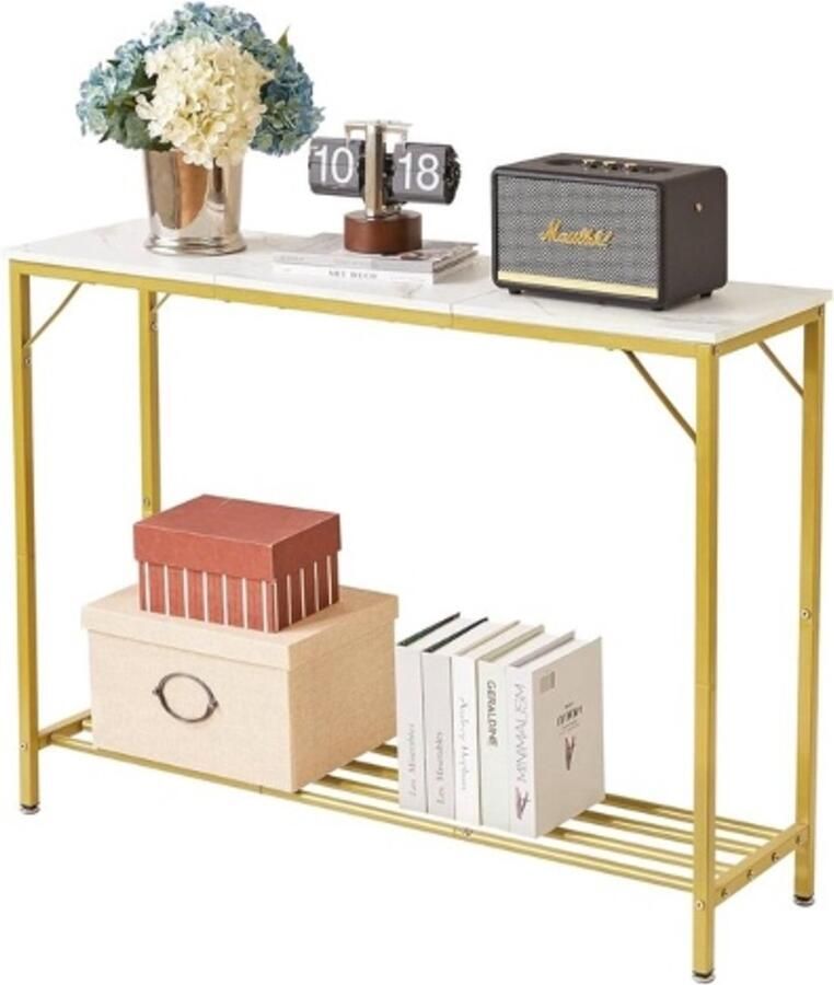 Retadou Consoletafel bijzettafel modieus splitdesign ingangstafel smalle salontafel met open planken voor entree woonkamer kantoor 107 x 30 x 78 cm wit en goud