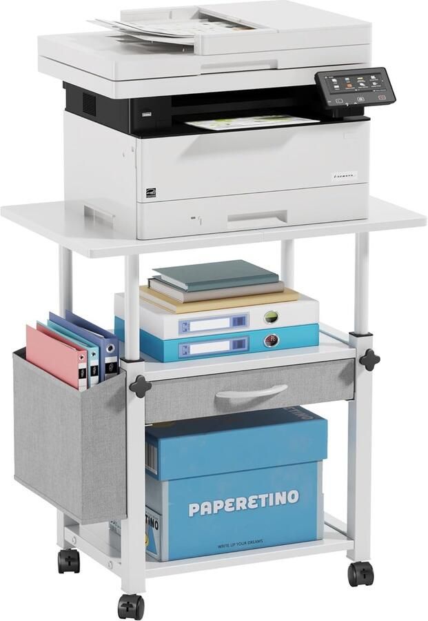 PolkaHome Druktafel met wieltjes 3 niveaus in hoogte verstelbaar 56 x 38 cm mobiele printerstandaard met stoffen lade en zijvak voor thuiskantoor printerwagen printerrek wit