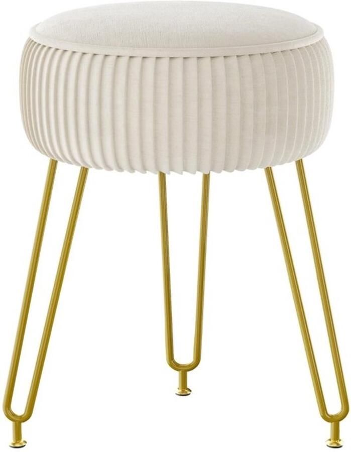 Retadou Fluwelen ronde voetensteun kruk Ottoman make-up ijdelheidspak bijzettafel fluwelen kleedtafel zitpoef bankkruk goud stalen poten crèmewit L G-30M