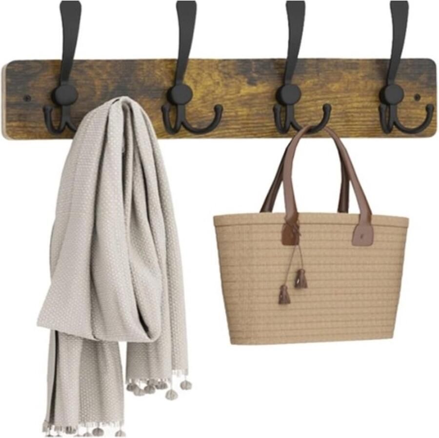 Retadou Garderobehaken garderobelijst wandgarderobe met 4 drievoudige haken in zwart hout 42 cm wandmontage voor mantels jassen hoeden tassen voor hal garderobe rustiek bruin
