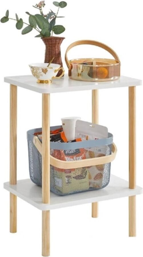 Retadou Houten bijzettafel nachtkastje met 2 niveaus 39 x 29 x 53 cm salontafel banktafel voor slaapkamer woonkamer modern design eenvoudige montage wit