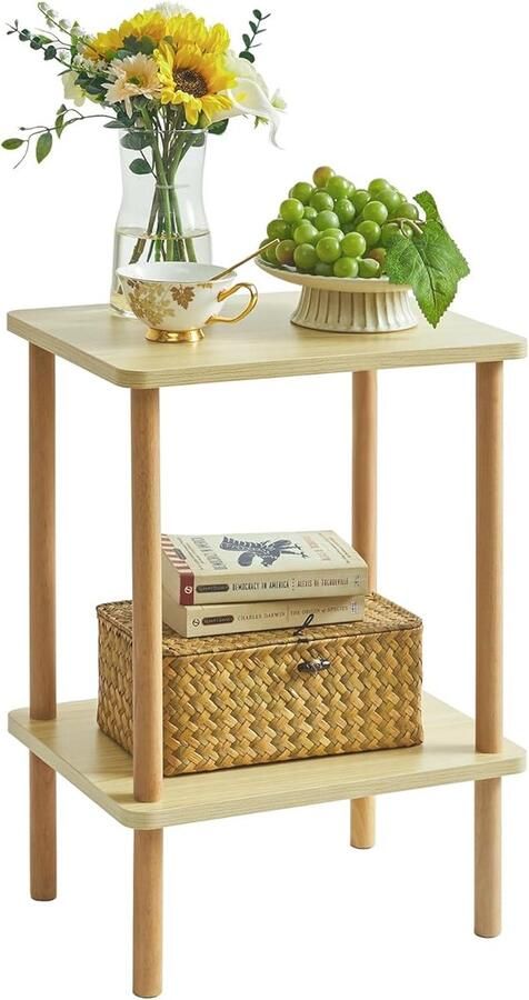 PolkaHome Houten bijzettafel nachtkastje met 2 niveaus 39x29x53cm salontafel banktafel voor slaapkamer woonkamer modern design eenvoudige montage licht natuurlijk