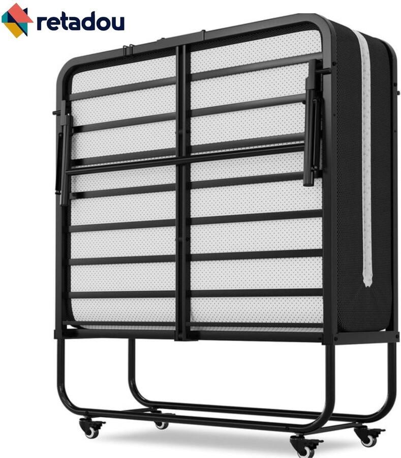 PolkaHome Inklapbaar logeerbed 90 x 200 cm met 10 cm dik schuim matras opklapbed voor volwassenen duurzaam en robuust metalen bedframe met 4 wieltjes opvouwbaar reisbed belastbaar tot 200 kg - Foto 2