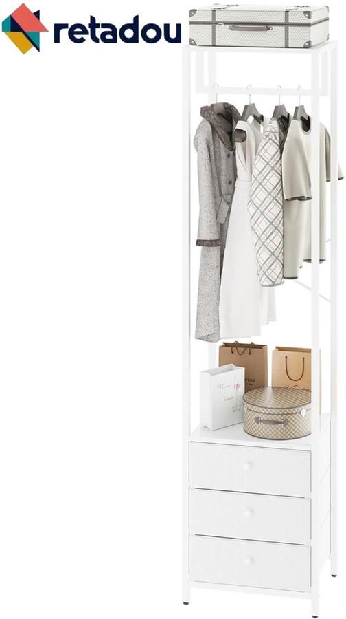 Retadou Kapstok kledingrek met lades vrijstaande hoge open kledingkast planken kledingkast met kledingstang voor slaapkamer woonkamer 39×29×179CM - Foto 2