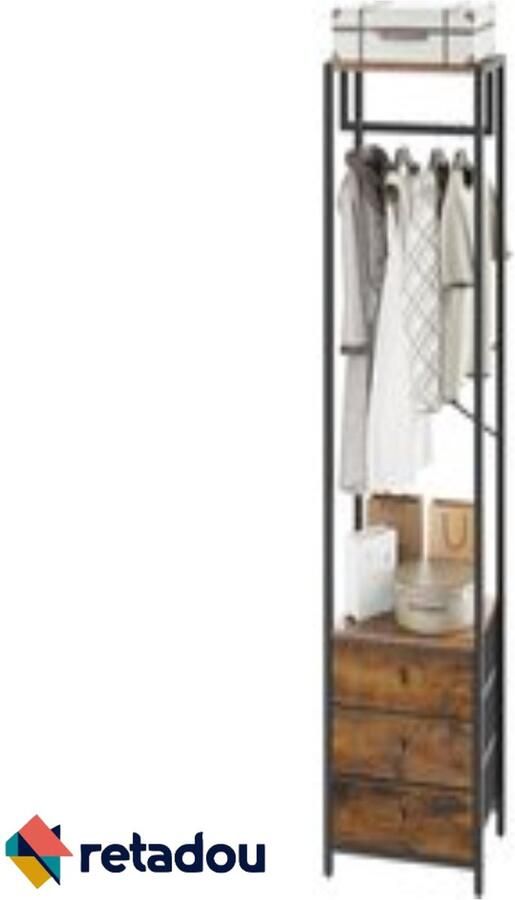 PolkaHome Kapstok kledingrek met lades vrijstaande hoge open kledingkast planken kledingkast met kledingstang voor slaapkamer woonkamer 39×29×179CM vintage bruin - Foto 2