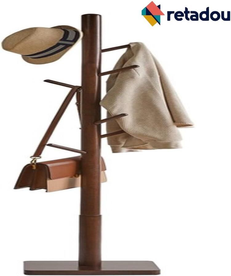 PolkaHome Kapstok van massief hout vrijstaand kledingrek met 8 haken verdikte vierkante basis boomvorm met 3 verstelbare hoogtes voor tas kleding woonkamer bruin - Foto 2