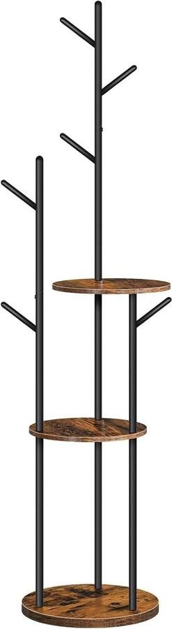 PolkaHome Kapstok vrijstaand kledingrek kapstok in boomvorm kapstok met 6 haken en 3 planken voor kleding hoed woonkamer slaapkamer bruin en zwart - Foto 2