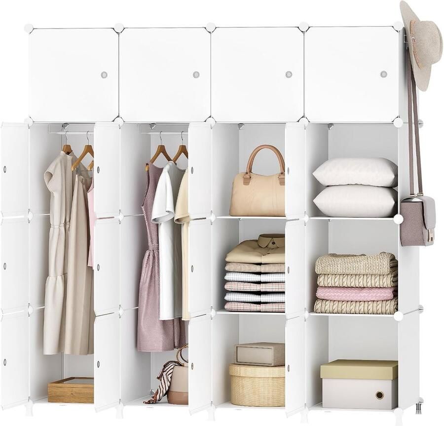 PolkaHome Kledingkast garderobekast modulaire kunststof kast met 20 kubussen steekreksysteem met deuren en kledingstang 2 rijen haken 145 x 46 5 x 183 cm wit