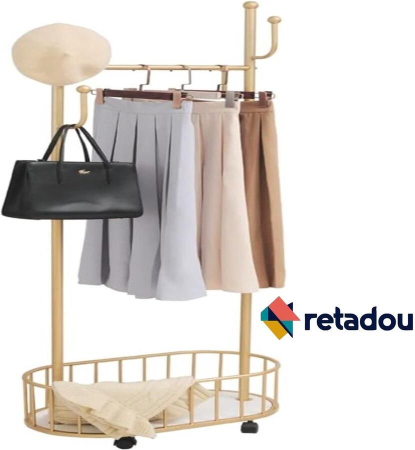 Retadou Kledingrek met 4 haken kledingstang kapstok kledingrek op wielen kapstok met wieltjes kledingstang metaal hoekkast kledingrek goud kleine kledingstandaard M