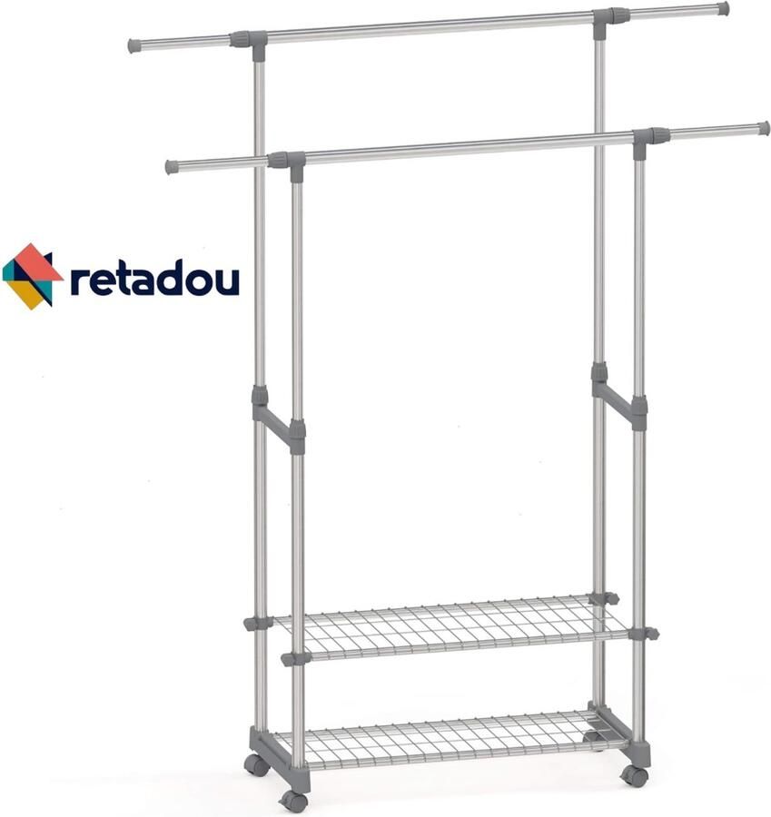 Retadou Kledingrek op wieltjes met planken uittrekbaar in hoogte verstelbaar dubbele roestvrijstalen kledingstang grijs stabiel belastbaar garderobe kledingwagen 90-153 x 42 x 95 170 cm (b - Foto 2