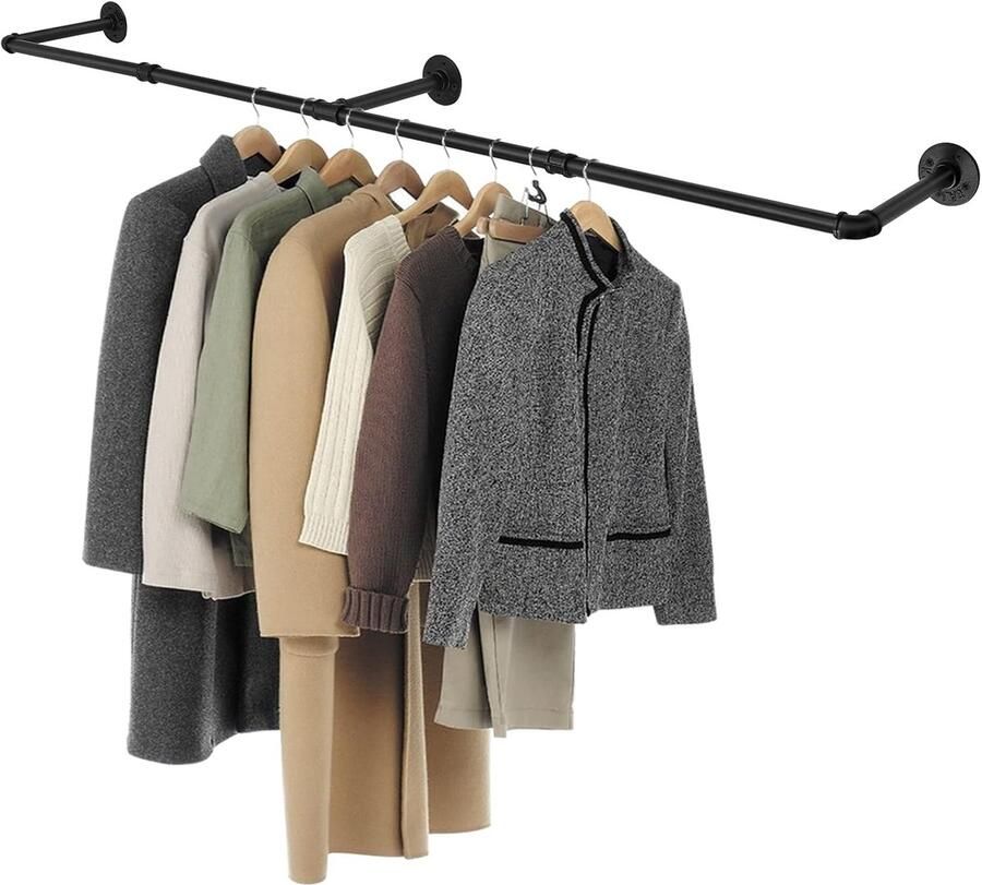Retadou Kledingrek voor aan de muur 178 cm kledingstang tot 60 kg belastbaar wandkledingstangen industriële buis kledingstang voor slaapkamer woonkamer keuken zwart