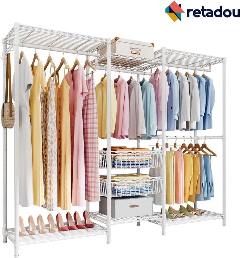 PolkaHome Kledingrek voor zware belasting kledingstang vrijstaande kleerhanger met in hoogte verstelbare planken en opbergmanden tot 320 kg belastbaar wit - Foto 2