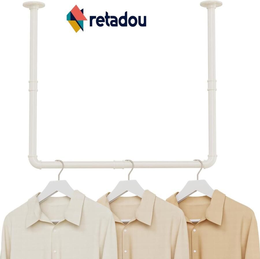 Retadou Kledingroedes industrieel design twee montagemogelijkheden wandkledingroede 120 cm plafondkledingroede 69 x 60 cm eenvoudig te monteren set van 1 beige