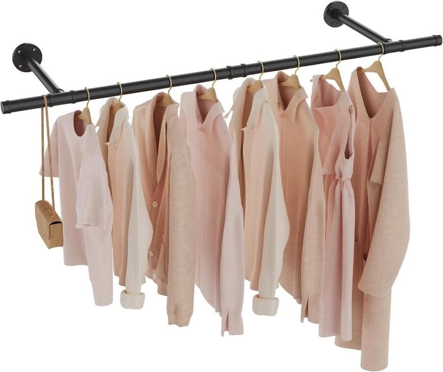 PolkaHome Kledingstandaard voor aan de muur ruimtebesparende kledingstang wandrek keukenrek garderobestang industrieel van metaal plafondmontage voor kleine kamers 121 cm 1 set zwart