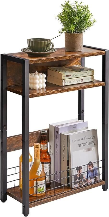 Retadou Kleine bijzettafel met tijdschriftenhouder 3 etages smalle bijzettafel met opbergrek moderne salontafel voor smalle ruimtes nachtkastje voor woonkamer slaapkamer bruin