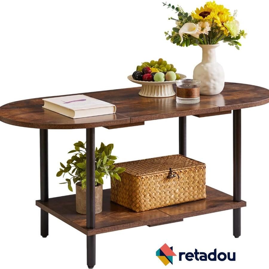 Retadou Kleine salontafel woonkamertafel houten salontafel met 2 etages voor woonkamer kantoor modern donkerbruin + zwarte poten