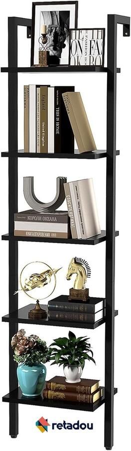 Retadou Ladderrek met 5 niveaus boekenkast doe-het-zelf staand rek houten rek metalen frame wandmontage voor boeken decoratie planten voor woonkamer kantoor balkon zwart